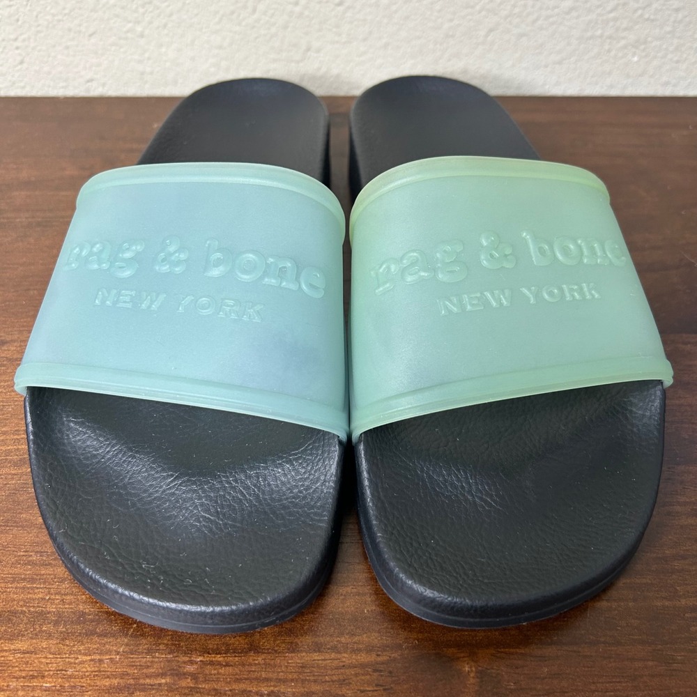 Rag & Bone New York Size 40 Logo Slides Black Seafoam Green Rubber Sandals Italy - Picture 2 of 8